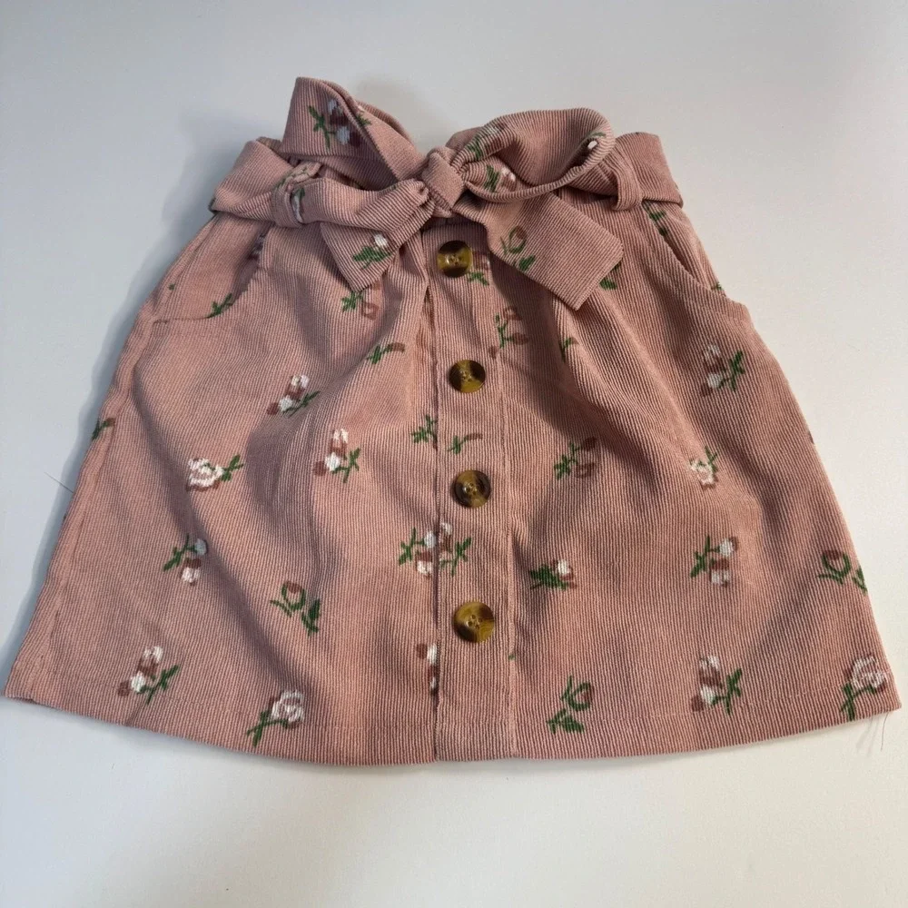 Girls Pink Corduroy Floral Paperbag Waist Button Front Skirt Size 4